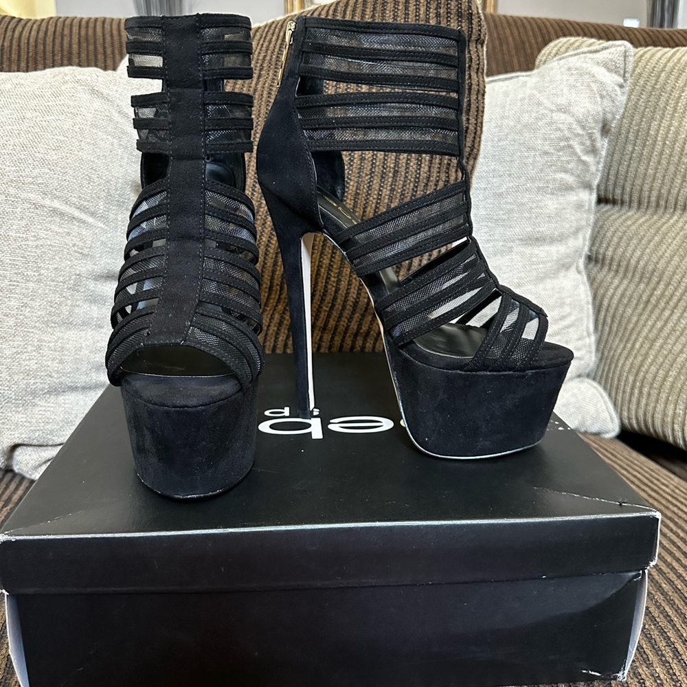 bebe Black Strappy Platform Heels